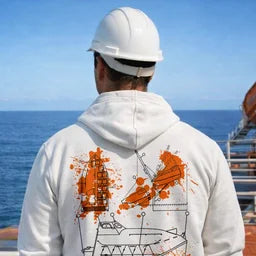 Seafarer in a white safety helmet and 7S1L hoodie on deck, illustrative portrait of Martin Lex, 7S1L safety desk